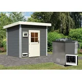 Karibu Saunahaus Außensauna Gartensauna Norge terragrau lackiert Ofen 9 kWexterne Strg easy 38mm Massivholz 231x196x238 cm mit Classic Tür