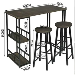 Bartisch-Set mit 2 Barhockern 3-teiliges Tischset Stehtisch Barstuhl mit 2 Ablagefläche aus Metallgestell und MDF schwarz-rostfarbe, Industriestil