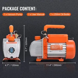 Vevor Vakuumpumpe 150W Unterdruckpumpe 1-stufig Klimaanlage Pumpe 100L/min Durchfluss 1440U/min Drehzahl 0,64/1,27cm SAE Einlass Vakuumgeräte 5Pa Motor aus reinem Kupfer Hvac/auto Kältemittelaufladung