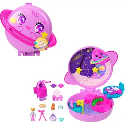 Polly Pocket Planet Polly-Schatulle, Spielset mit 1 Minipuppe und Hündchen, Reisespielzeug mit passendem Zubehör