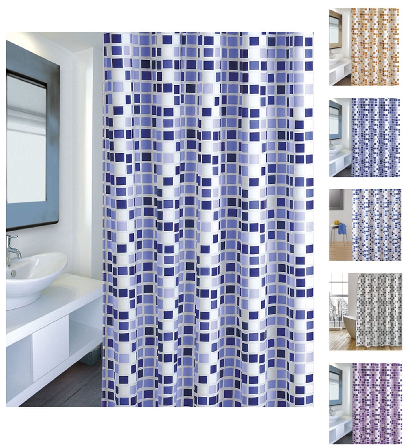 MSV Cotexsa by 142103 Premium Anti-Schimmel Textil Duschvorhang - Anti-Bakteriell mit 12 Duschvorhangringen - Polyester, „Mosaik“ Blau 180x200cm – Made in Spain