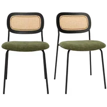 miliboo Designstühle aus grünem strukturiertem Samtstoff, schwarzem Metall und Rattan-Geflecht (2er-Set) MIRANDA