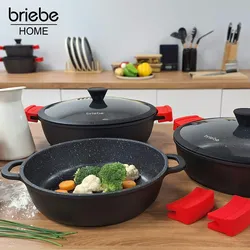 Briebe Black Titanium Servierpfanne für InduktionTitan, Topf 30cm Gussaluminium PFOA-Freie Glasdeckel, Schwarz
