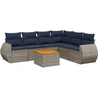 vidaXL 7-teiliges Gartensofa-Set mit Kissen, grau, Polyrattan - Grau