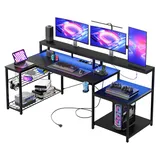 Bestier Gaming Tisch, 181x80 cm Schreibtisch mit LED-Leuchten, L-förmiger Schreibtische mit 3 AC-Steckdosen und 2 USB Ladeanschluss, Computertisch mit großzügiger Monitorablage, Braun