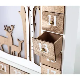 Brubaker Adventskalender Wald Holz Weiß Natur mit LED Beleuchtung 35,5 x 6 x 27 cm