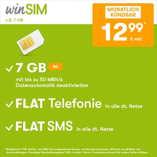 winSIM Handytarif z.B. Allnet Flat 7 GB – (Flat Internet 5G 7 GB, Flat Telefonie, Flat SMS und Flat EU-Ausland, 12,99 Euro/Monat, monatlich kündbar) oder andere Tarife