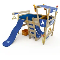 Wickey Hochbett mit Rutsche Crazy Smoky Kinderbett 90 x 200 Spielbett Kinder mit Lattenboden und viel Zubehör, Polizeibett, Blaue Plane + Blaue Rutsche