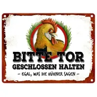 Trendaffe Hühner Metallschild mit Hahn Motiv und Spruch: Bitte