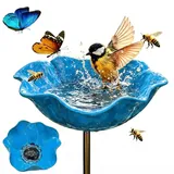 Metall Vogeltränke Gartenstecker in Blumenform - Vintage Vogelbad Garten Stehend - Winterfeste Bienentränke für den Garten und Insektentränke (Blau)