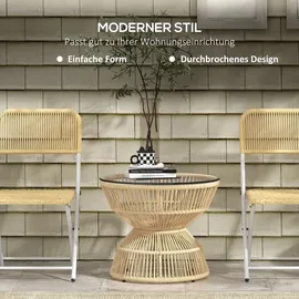 Outsunny Beistelltisch Rattan, Ø60 cm Couchtisch Gartentisch mit Tischplatte aus Hartglas