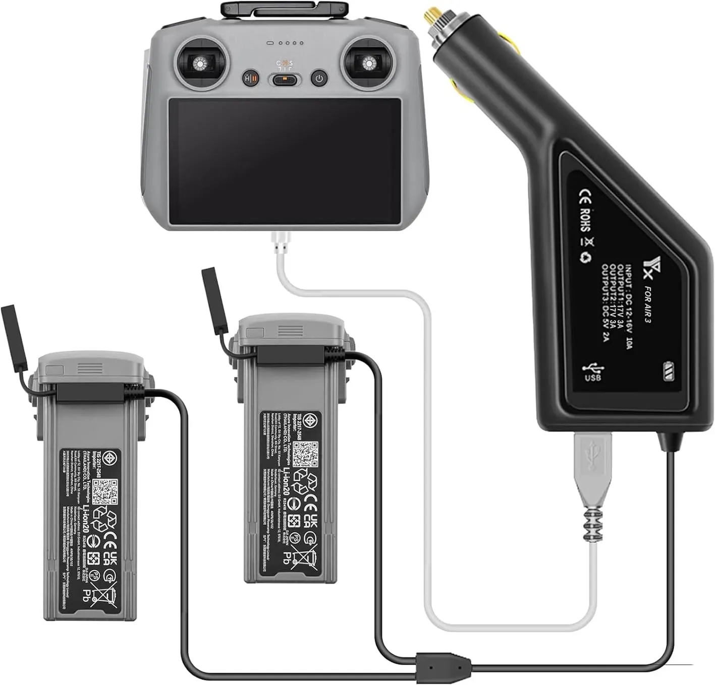 Yangers Autoladegerät für DJI Air 3 Drohne (Nicht für Mavic Air 2/Air), 3-in-1 Autoladegerät-Adapter für Air 3 Akku + Fernbedienung/Smartphone/iPad