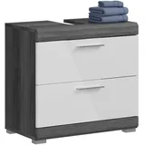 furnling Waschbeckenunterschrank Scott, weiße Hochglanzfront, 2 Schubladen, Unterschrank mit Siphon-Ausschnitt, Front mit Rillenfräsung, Breite 60 cm, Korpus Rauchsilber