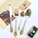 Bavary Medusa Besteck 24 Tlg für 6 Personen 18 / 10 Edelstahl Vergoldet im Mäander Style Edelstahl Silber mit Gold Schliff Servierbesteck Servieren