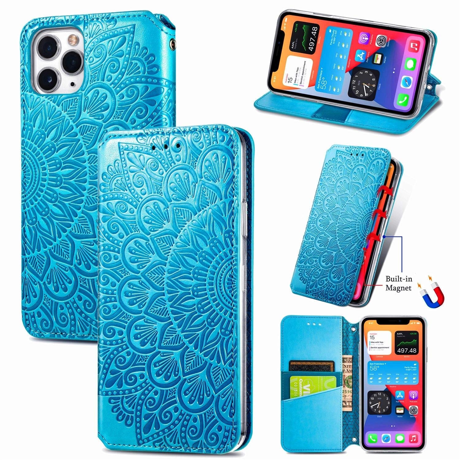 König Design Handyhülle kompatibel für Apple iPhone 11 Pro Schutztasche Case Cover Wallet Mandala Blau