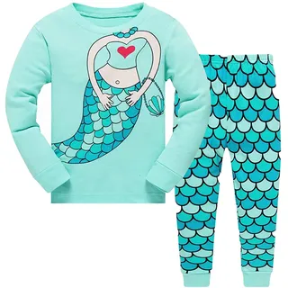 Qzrnly Mädchen Schlafanzug Giraffe Baumwolle Kinder Langarm Pyjama 98 104 110 116 122 128 134 140 146,Grün,11 Jahre - 11 Jahre