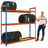 PROREGAL® Regal Reifenregal Big MetalShark No. 6, HxBxT 200x150x45cm, Blau/Orange, 3 Ebenen, 300kg Fachlast pro Ebene, bis zu 24 Reifen, Metall, einfache Montage blau 150 cm