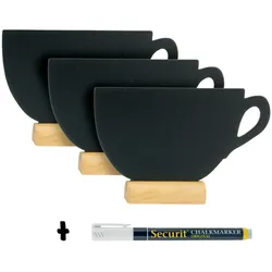Securit® Silhouette Mini Kreidetafeln ''Tasse'' – 3er-Set – Mit Kreidemarker – Holzbasis