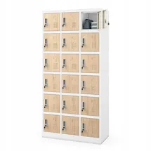 Jan Nowak Umkleideschrank 3B6A Fächerschrank Schließfachschrank mit 18 Fächern Metall Pulverbeschichtung 185 x 90 x 40 cm (Weiß-Holz)