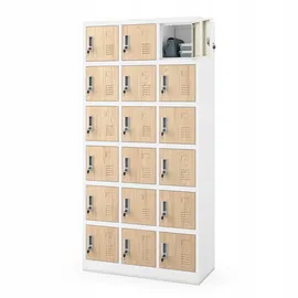 Jan Nowak Umkleideschrank 3B6A Fächerschrank Schließfachschrank mit 18 Fächern Metall Pulverbeschichtung 185 x 90 x 40 cm (Weiß-Holz)