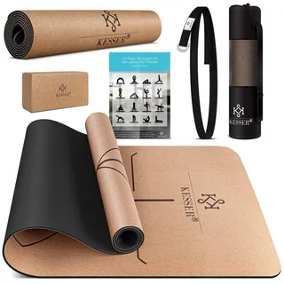 Kesser Yogamatte Kork Inkl. Tragegurt Tasche & Yoga-Block Gymnastikmatte Yoga Matte rutschfest aus Naturkautschuk TPE Fitnessmatte, 183 x 62 Trainingsmatte für Fitness Sportmatte, Gymnastik extradick