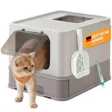 Songmics Feandrea Katzentoilette, mit Deckel, ausziehbares Tablett, Schaufel, Bürste, für Katzen bis 15 kg, weniger Spuren, auslaufsicherer Boden, Oatmeal Warm Grey