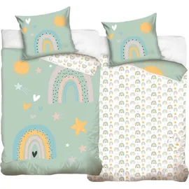 MTOnlinehandel Kinderbettwäsche Regenbogen, Sterne & Sonne 135x200 80x80 cm, 100 Baumwolle - Grün