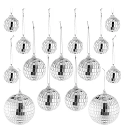Relaxdays Mini Discokugel, 15 Spiegelkugeln in 3 versch. Größen Ø 3-10 cm, Partydeko zum Aufhängen, Diskokugel, silber