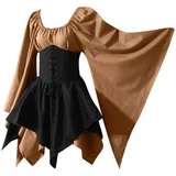 YEBIRAL Damen Mittelalter Kleid mit Trompetenärmel Gothic Retro Kleid Renaissance Cosplay Kostüm Gebunden Taille Übergröße Kleid Karneval Party Halloween Kostüm - XL