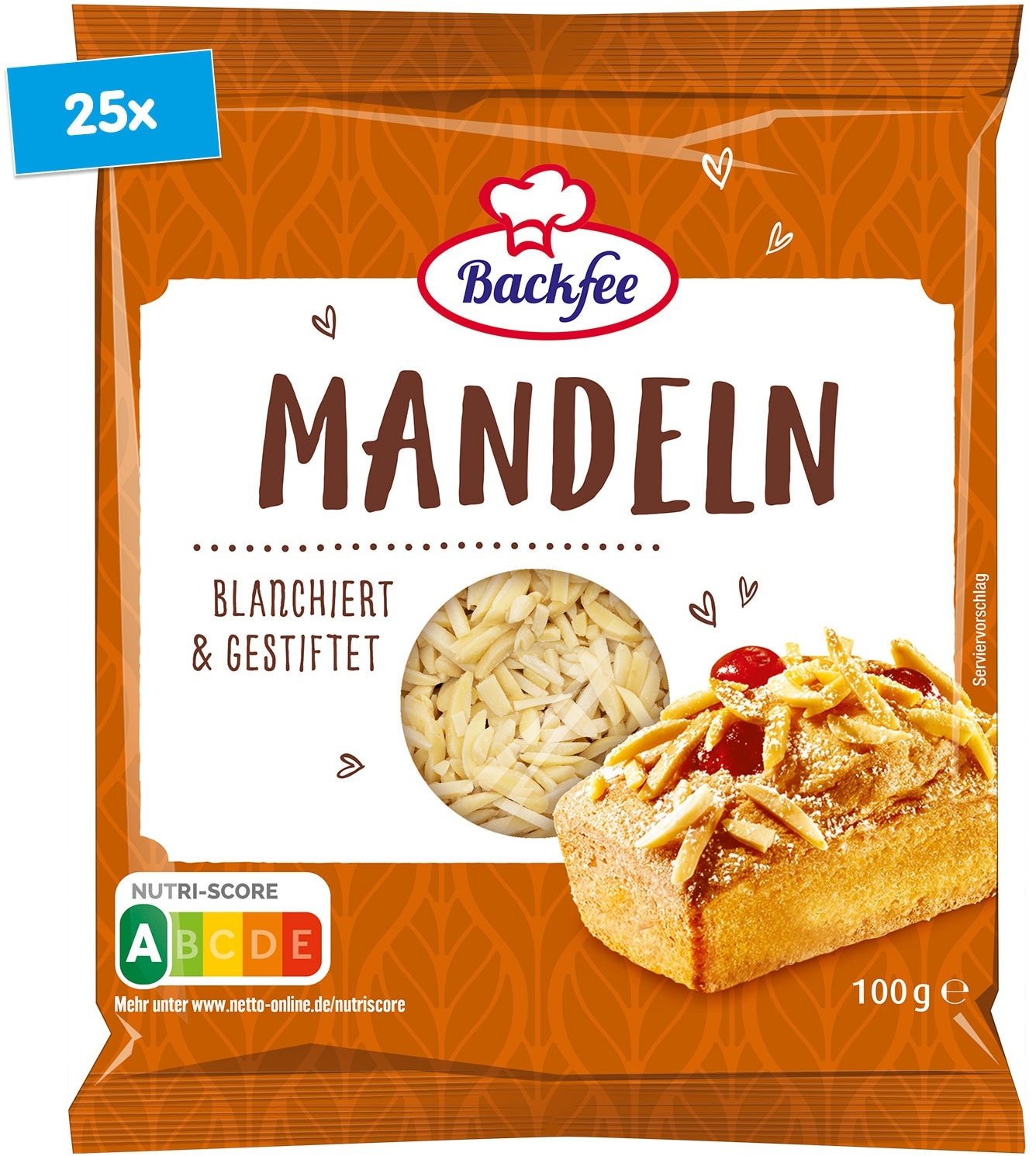 Backfee Mandeln gestiftet 100g, 25er Pack