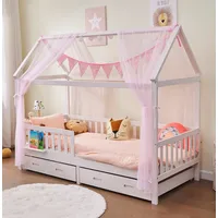 alavya home® Hausbett CLOUD aus Buche FSC® 100% zertifiziert KOMPLETT SET mit 2 Schubkästen (Kinderbett 90x200 cm mit Schublade inkl. Deko Rosa und Matratze I Hausbett 90x200cm), Aus massivem Buchenholz weiß 90 cm x 200 cm