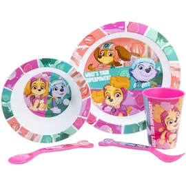 Paw Patrol Teller-Set Mikrowellengeeignet 5-teiliges Kindergeschirr Set - Becher Teller Schüssel Besteck - Robustes Kunststoff - BPA Frei - Kindermahlzeiten
