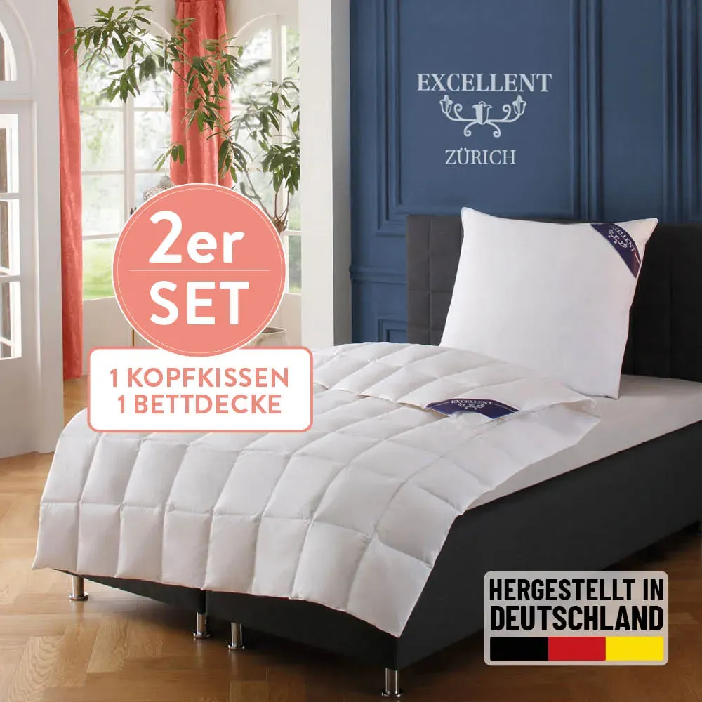 Daunenbettdecke + 3-Kammer-Kopfkissen EXCELLENT "Bettdecken-Set Zürich, Bettdecke 135x200 & 155x220 cm", weiß, B/L: 155cm x 220cm Anzahl Teile 1, B/L: 80cm x 80cm Anzahl Teile 1, Bezug: Baumwolle Füllung: Entendaune/-feder, leicht, Bettdecken Bezug: 100% Baumwolle. Kopfkissen Bezug: 100% Baumwolle. Bettdecken Füllung: 100% Daunen. Füllung Außenkammer: 90% Daunen, 10% Federn. Füllung Innenkammer: 100% Federn, Bettwaren-Sets, Bettdecke 100% Daunen für Winter, Sommer, Kissen mit 90% Daunen