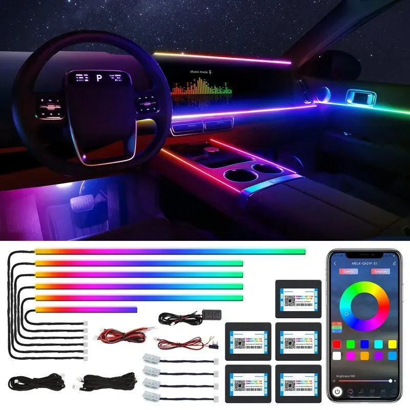 Dreamcolor LED-Strip aus Acryl für Auto-Innenraum, kabellose App, RGB 10-in-1, 175 Zoll, 600 LEDs, Faseroptik, Auto-Flimmern-Set, Dual-Zone-Tonfunktion
