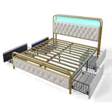 Merax Polsterbett Doppelbett mit aufladen USB Type C Ladefunktion APP-Control LED Metallbett 140×200 Bettrahmen und 4 Schubladen, Samt, Weiß