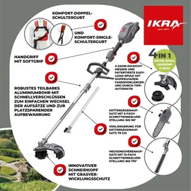 IKRA Multitool IB-MT 36, 4in1: Freischneider, Rasentrimmer, Heckenschere & Hochentaster, inkl. 36V 4Ah & Ladegerät, kompatibel mit Bosch