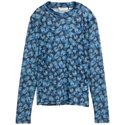 TOM TAILOR DENIM Damen Mesh-Langarmshirt mit Muster, blau, Geblümt, Gr. XL