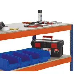 PROREGAL Werkbank mit Lagerebene | HxBxT 99x154x123cm | Fachlast Arbeitsebene 320kg | Blau/Orange