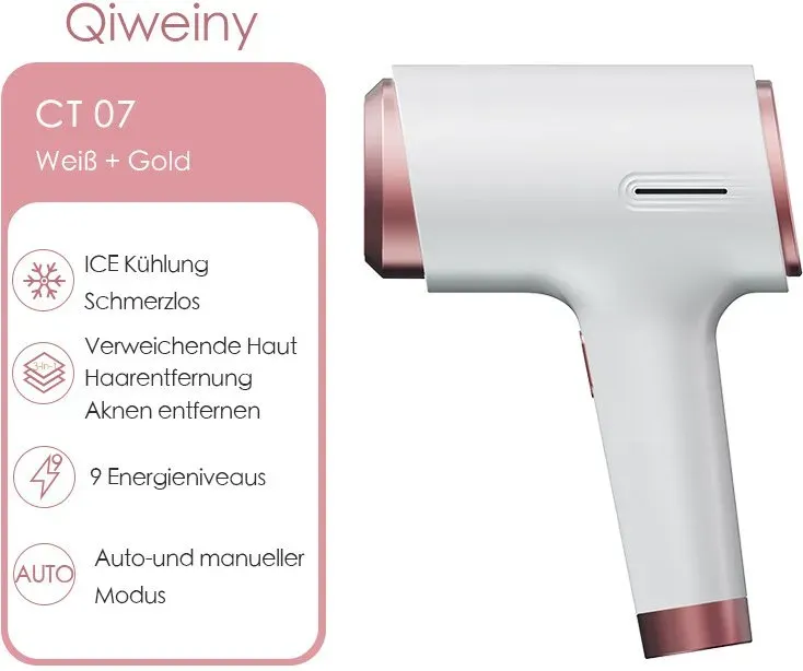 Qiweiny CT07 IPL Haarentfernungsgerät mit Eiskühlung, Weiß - 9 Stufen & 3-in-1, 7°C Schmerzfrei für Frau & Mann, Wie im Salon für Zuhause, inkl. Rasierer & Brille