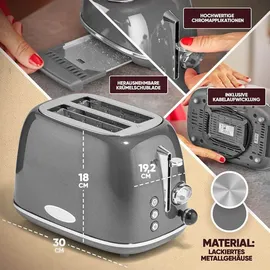 Proficook Toaster im stilvollen Vintage-Design - 2 Scheiben mit Wide-Slot (extra breite Toastschlitze) und massivem Metallgehäuse - Retro Toaster ... - Grau