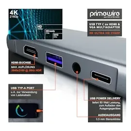 Primewire 5 in 1 USB 3.2 Gen1 Typ C Hub zu VGA Adapter, 4K HDMI + USB Typ A + Typ C PD Ladeport für Macbook Laptop etc.