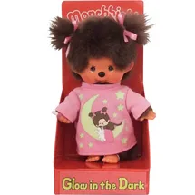 Sekiguchi Monchhichi Mädchen, Glow in the Dark Elementen und Zöpfen mit Schleifen, ca. 20 cm