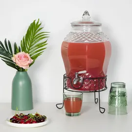 Relaxdays Getränkespender mit Ständer, Limobehälter 8L, Edelstahl Zapfhahn & Deckel, Wasserspender, Glas, transparent