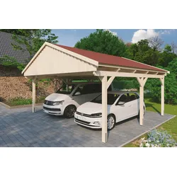 Doppelcarport SKANHOLZ "Fichtelberg", beige (natur), H: 574cm, Carports, mit roten Schindeln