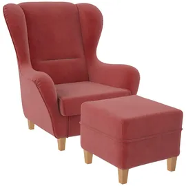 Supellex Ohrensessel Sofia Samt 92 x 68 x 95 cm Altrosa mit Hocker