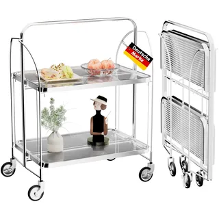 Servierwagen mit Rollen, Servierwagen Klappbar, Dinett 2 Tier Ablagekorb aus Temperglas with Wheels, für Küche, Barwagen, Rollwagen Metall, Teewagen, Weinwagen, moderner Getränkewagen