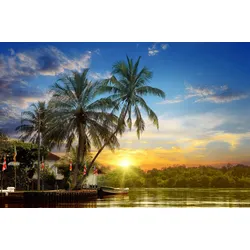 Fototapete PAPERMOON "DSCHUNGEL-TROPISCH PALMEN FLUSS LANDSCHAFT SONNE NATUR", bunt, B:3,50m L:2,60m, Vlies, Tapeten