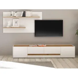 furn.design Wohnwand, Weiß, Eiche Wotan, Kunststoff, Nachbildung,Eiche, Uni, Holz Optik, 2 Schubladen, 300x180x45 cm, Wohnzimmer, Wohnwände, Anbauwände