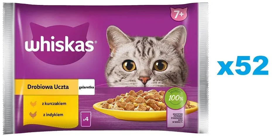 WHISKAS Senior 52x85g Geflügelschmaus Nassfutter für ältere Katzen in Gelee mit: Huhn, Truthahn