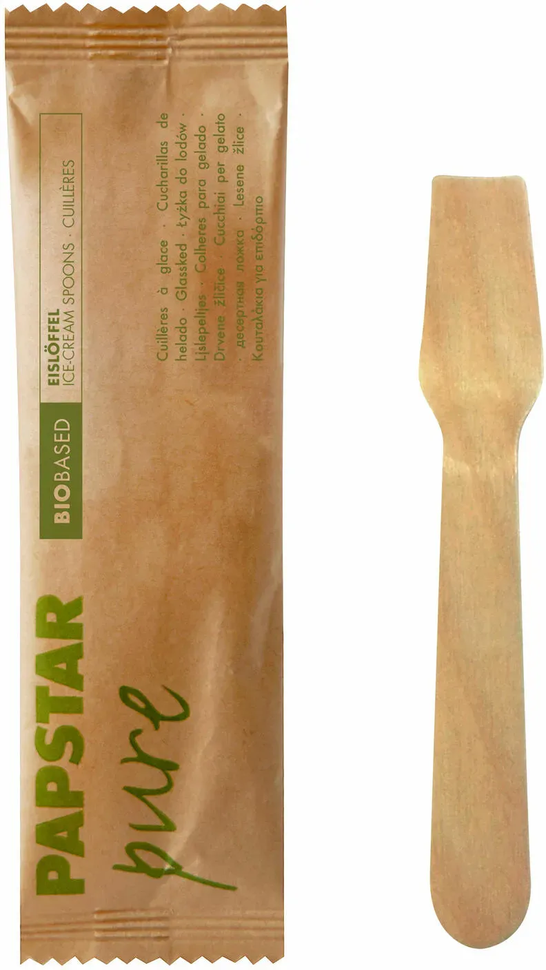 PAPSTAR Eislöffel aus Holz 9,4 cm einzeln verpackt in Papierbeutel, 50 Stk.